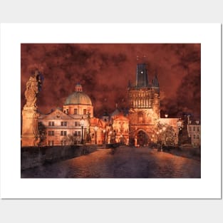 Night at Charles Bridge in Prague Posters and Art